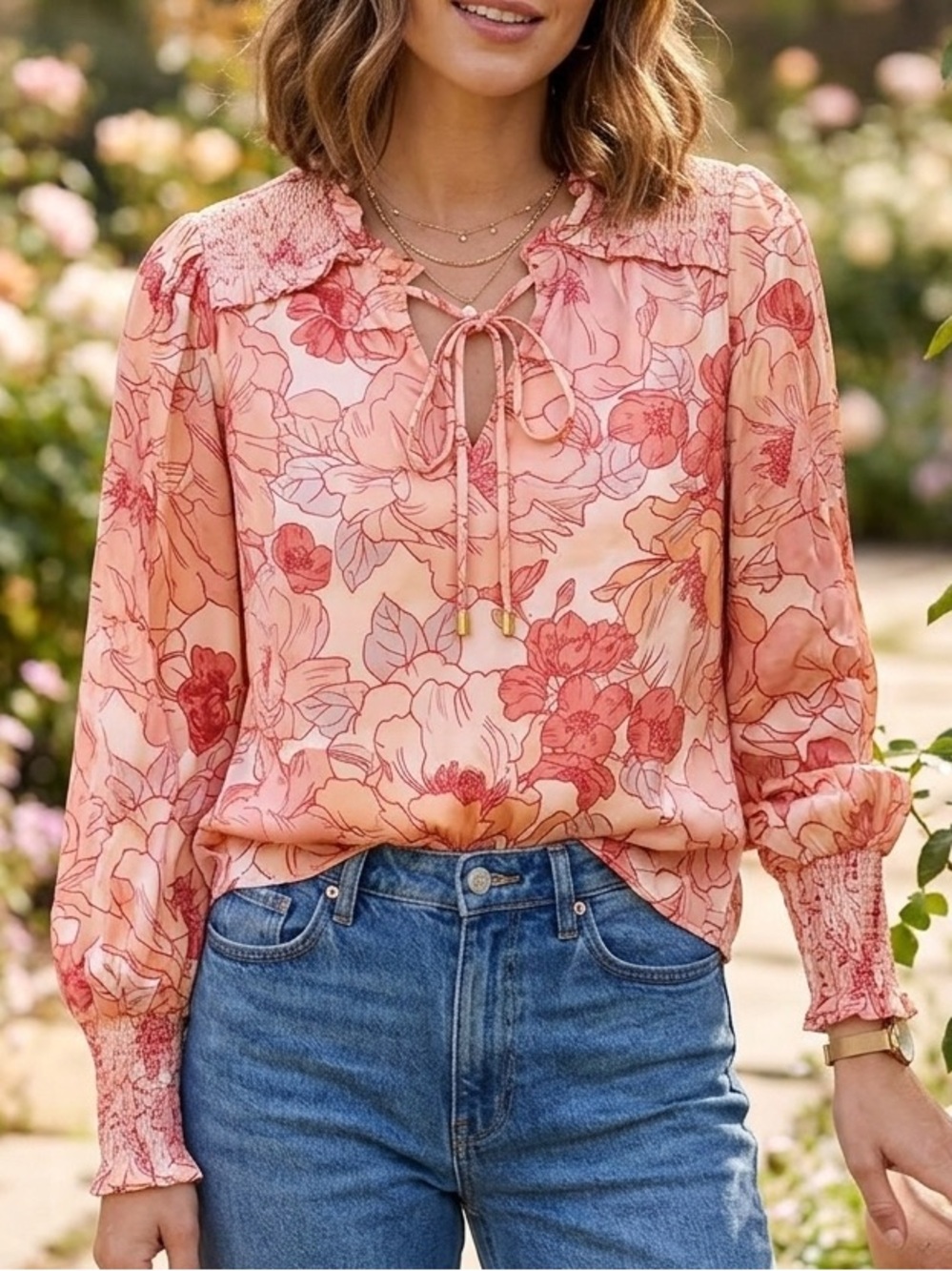 Floral Peach Tie-Front Long-Sleeve Blouse